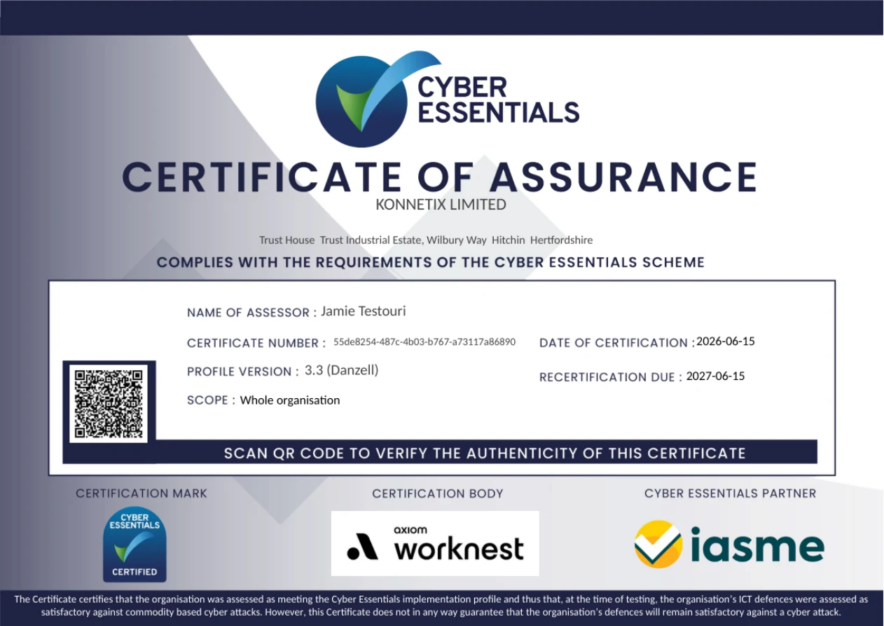 Konnetix Limited Cyber Essentials certificate, certified 15th June 2026