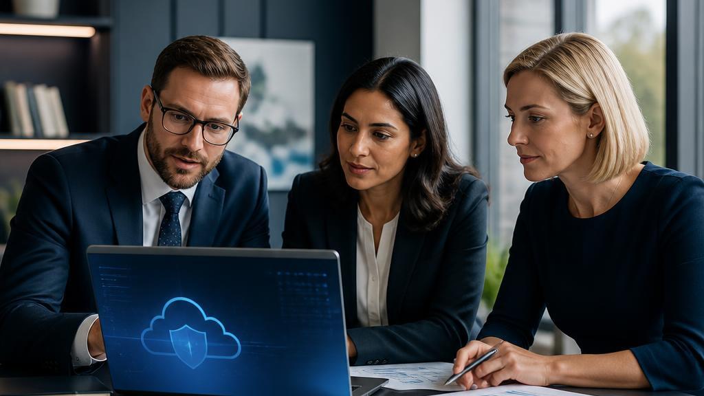 Professional services team reviewing secure Microsoft 365 client work on a laptop