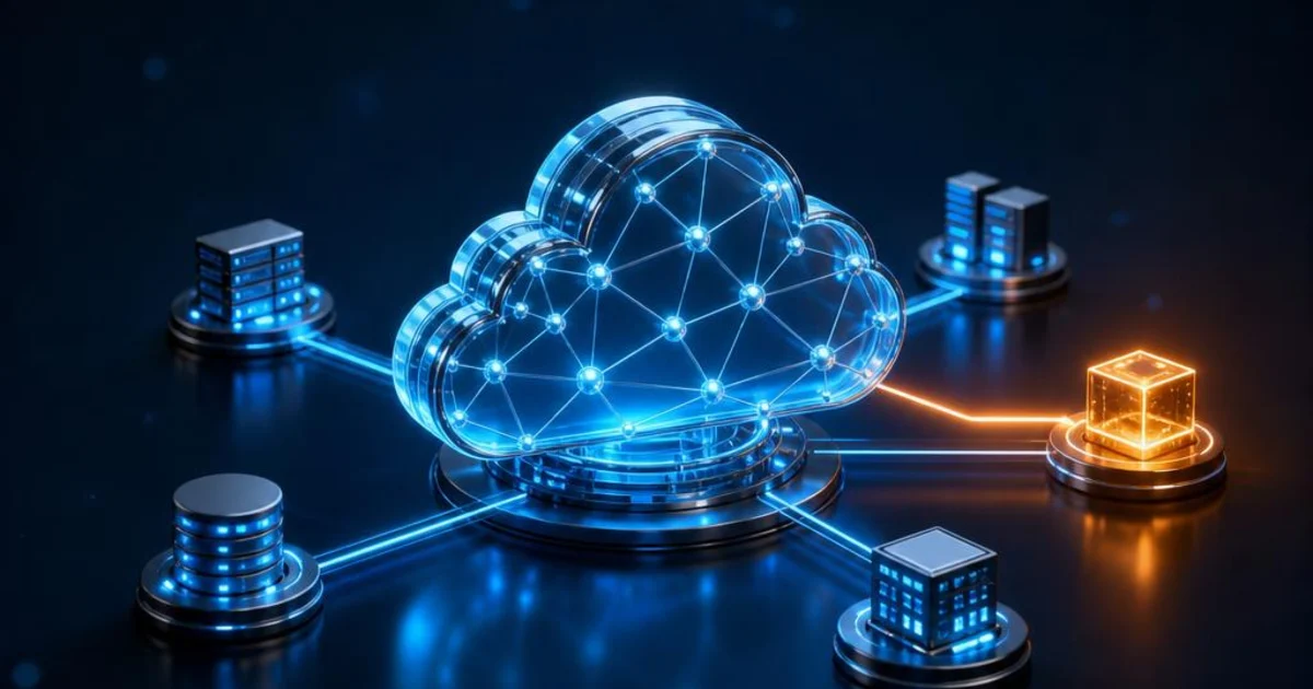 Conceptual illustration of connected cloud services with one supplier connection highlighted in amber